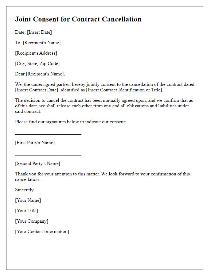 Letter template of joint consent for contract cancellation