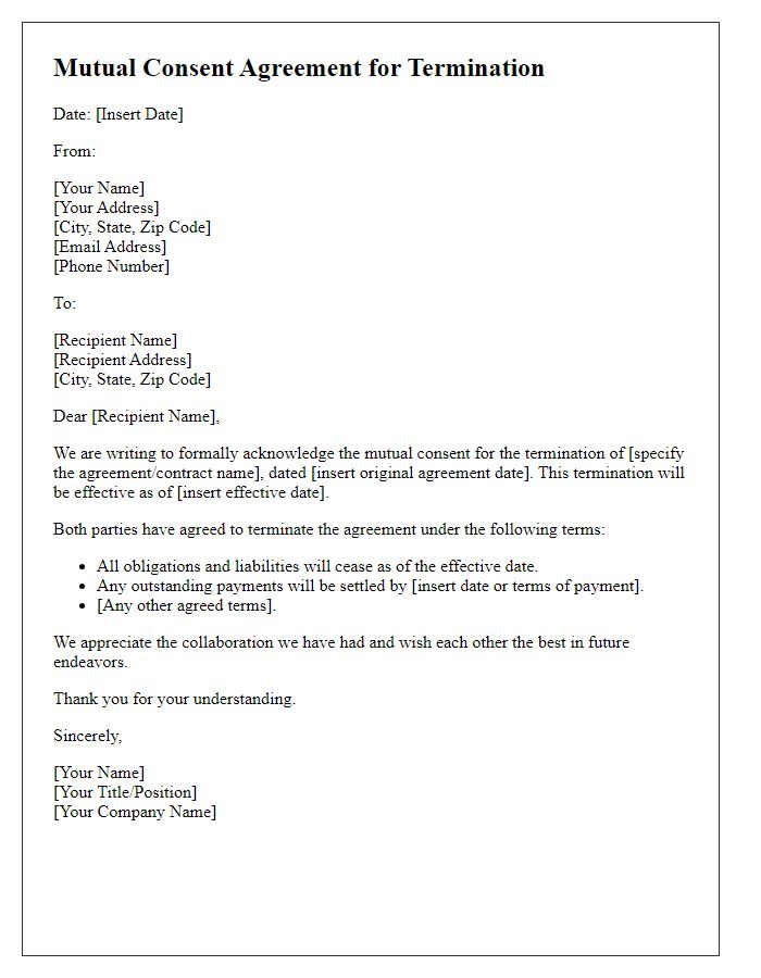 Letter template of mutual consent for agreement termination