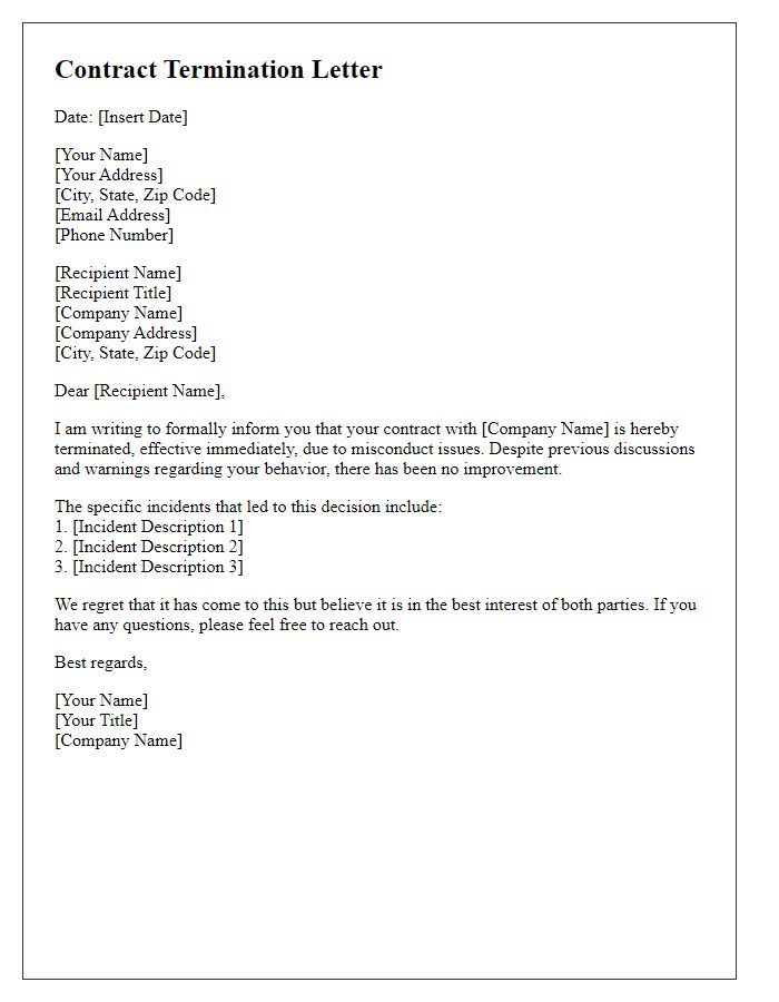 Letter template of contract termination for misconduct issues