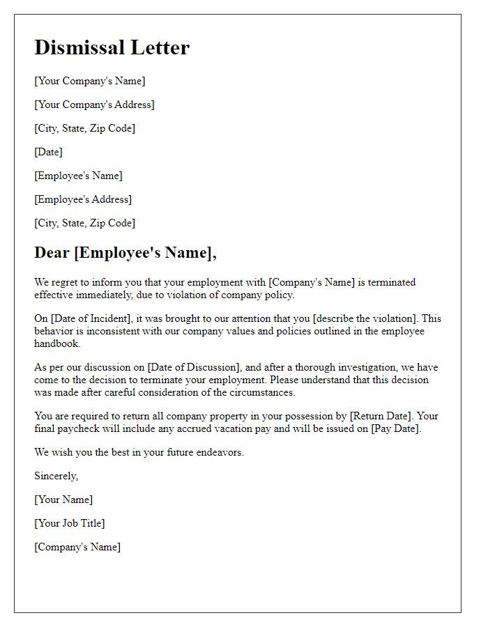 Letter template of dismissal due to violation of company policy