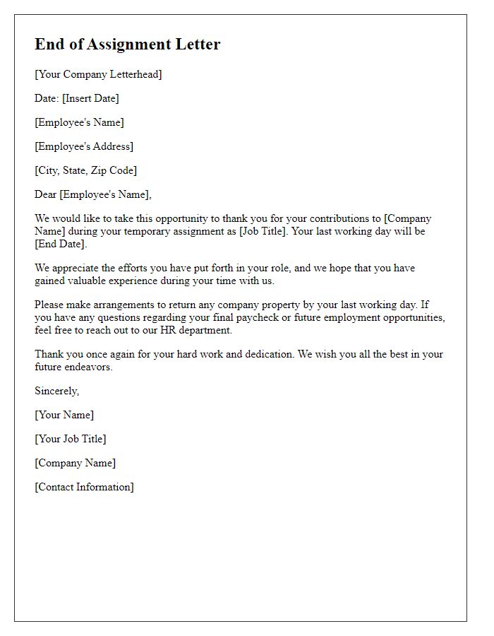 Letter template of end of assignment for temporary staff