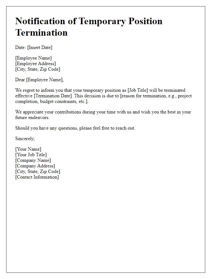 Letter template of notification for temporary position termination