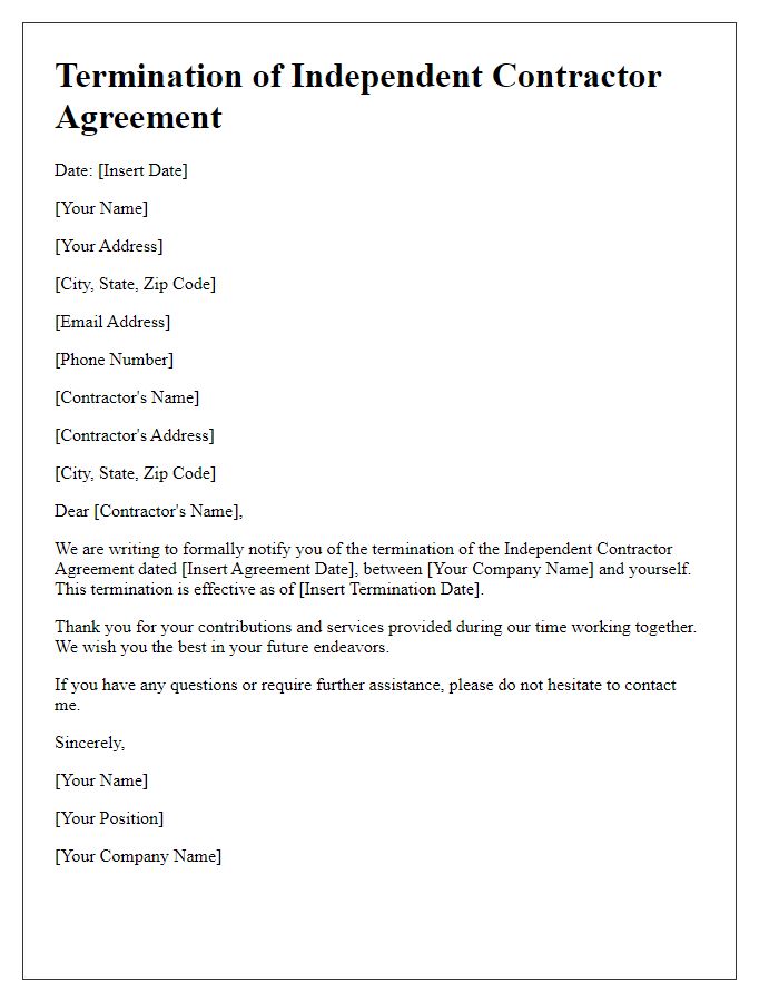 Letter template of ending independent contractor agreement