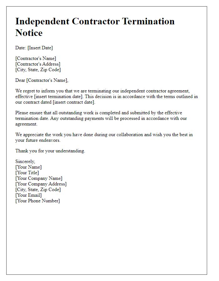 Letter template of independent contractor termination notice