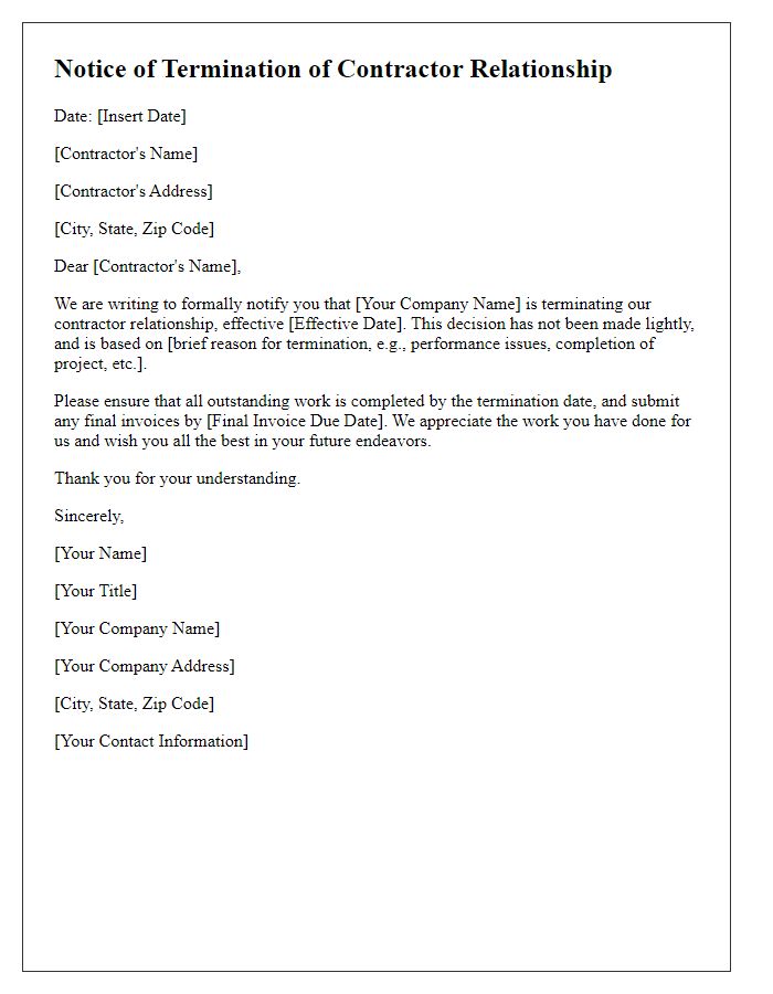 Letter template of notice to terminate contractor relationship