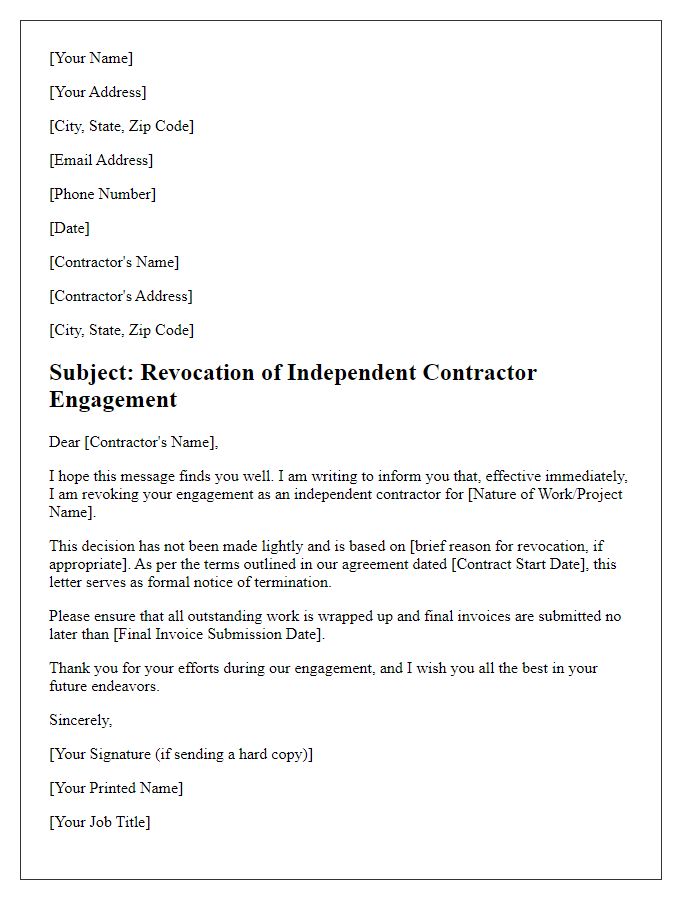 Letter template of revocation of independent contractor engagement