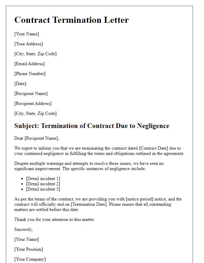 Letter template of contract termination attributed to negligence