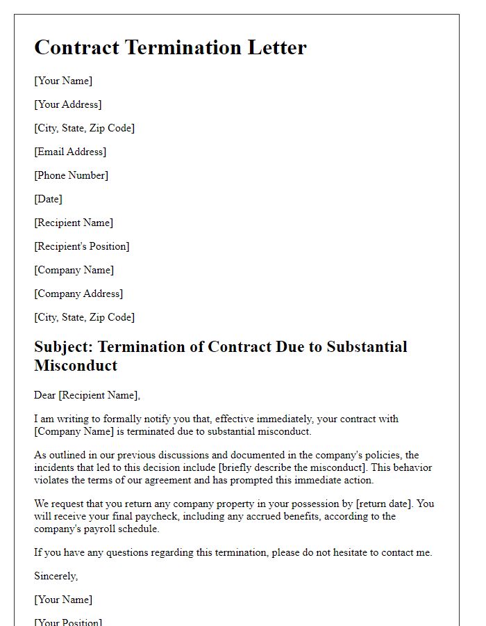 Letter template of contract termination based on substantial misconduct