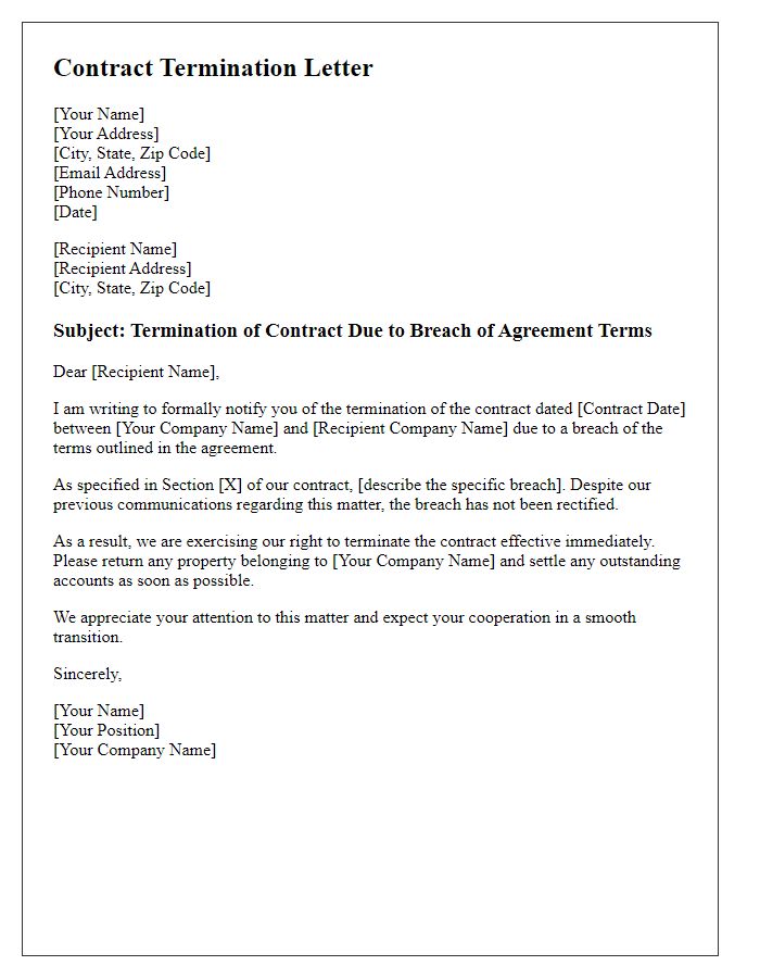 Letter template of contract termination due to breach of agreement terms