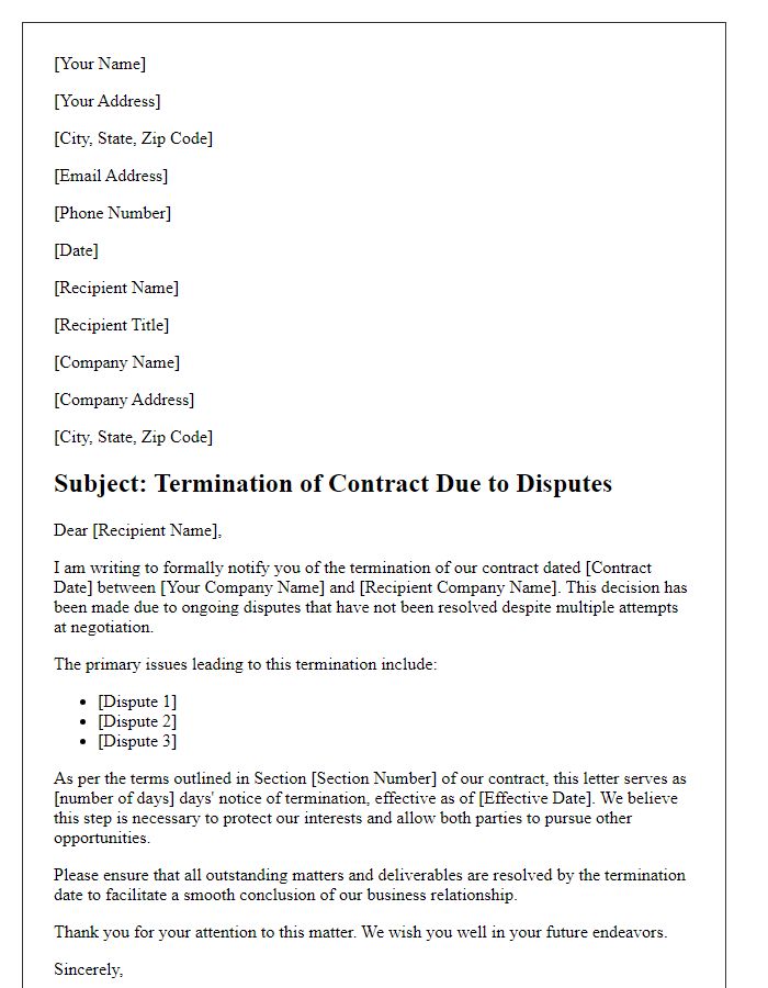 Letter template of contract termination linked to contractual disputes