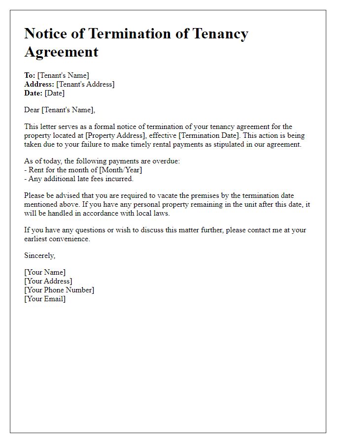 Letter template of tenancy agreement termination notice due to non-payment.