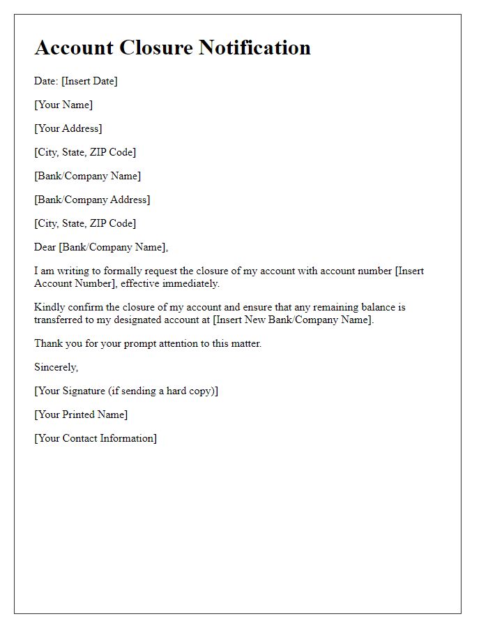 Letter template of account closure notification