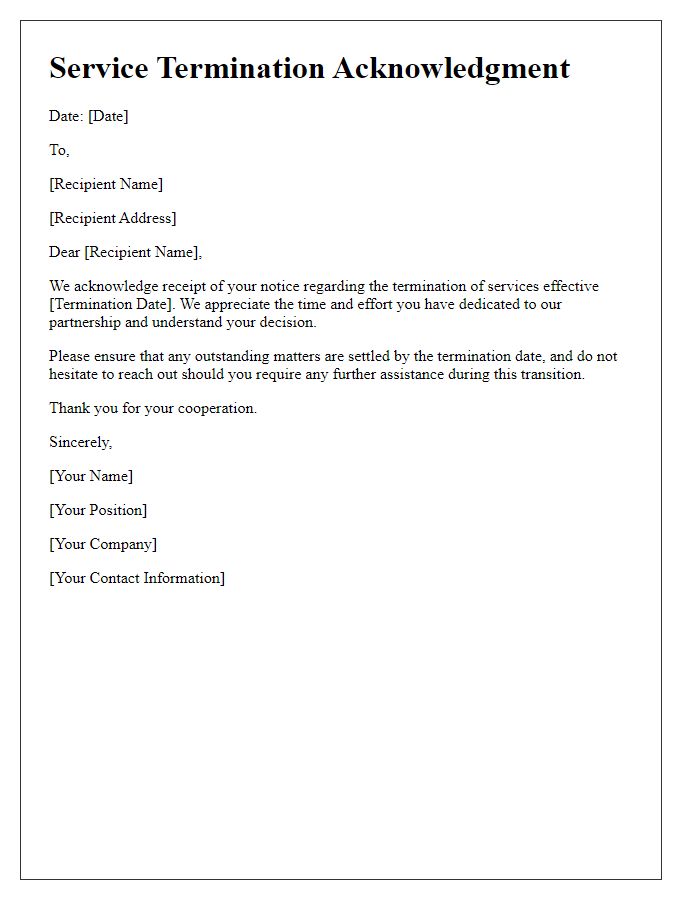 Letter template of service termination acknowledgment