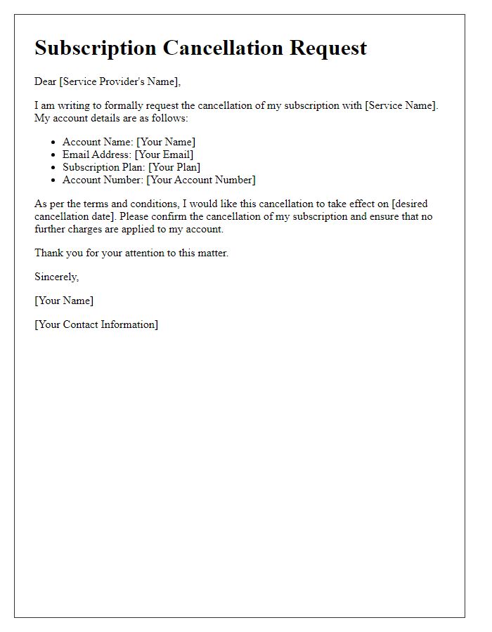 Letter template of subscription cancellation request