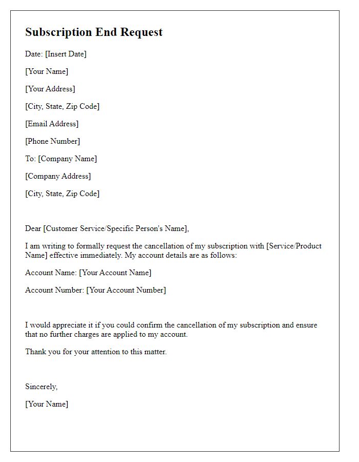 Letter template of subscription end request