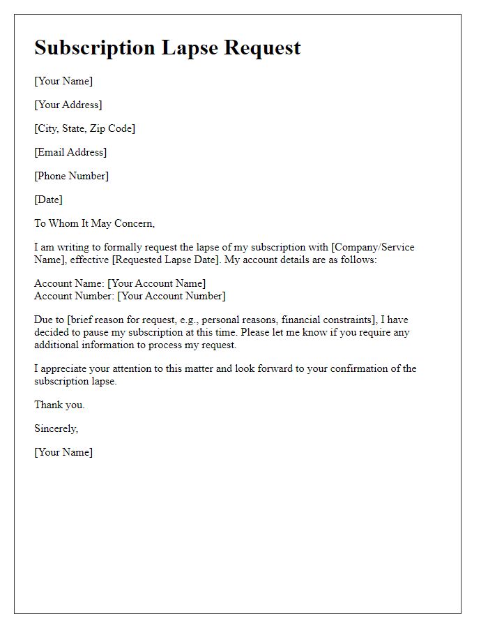 Letter template of subscription lapse request