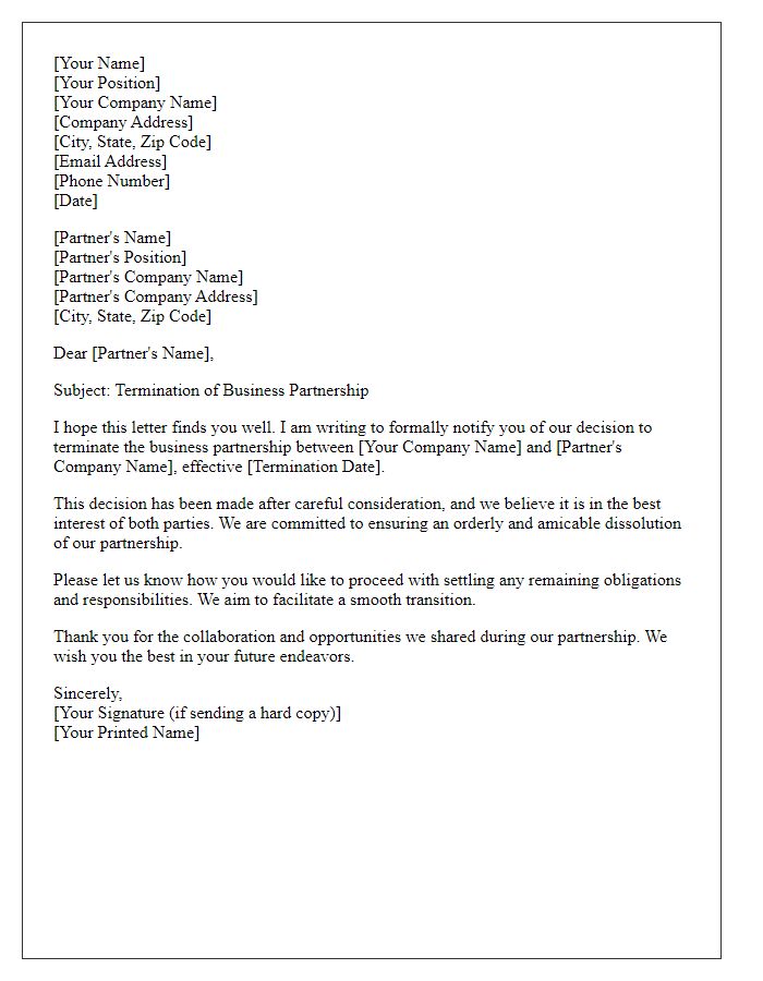 Letter template of Contract Termination for Business Partnership