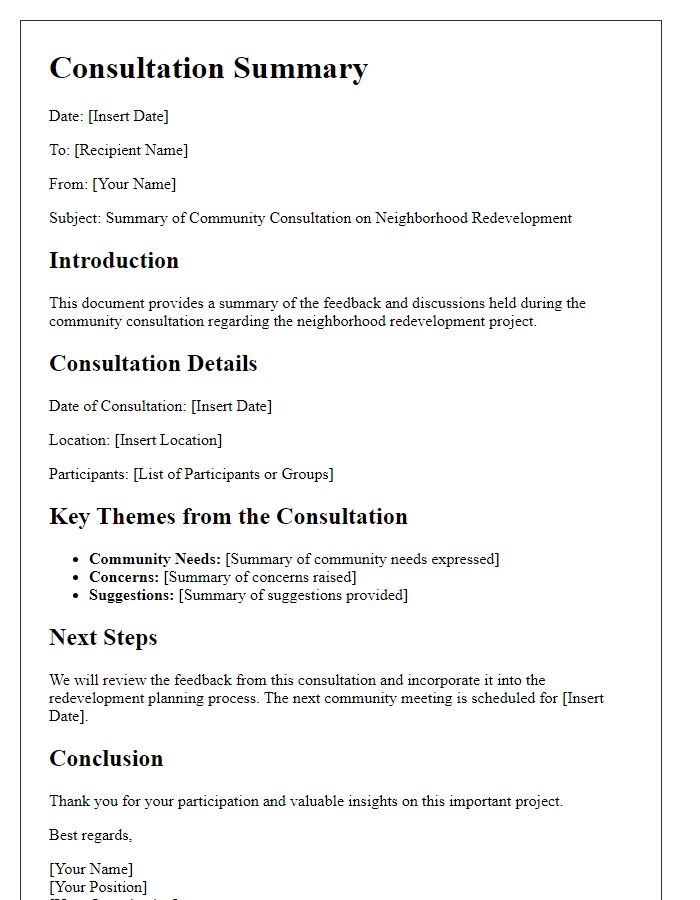 Letter template of consultation summary on neighborhood redevelopment