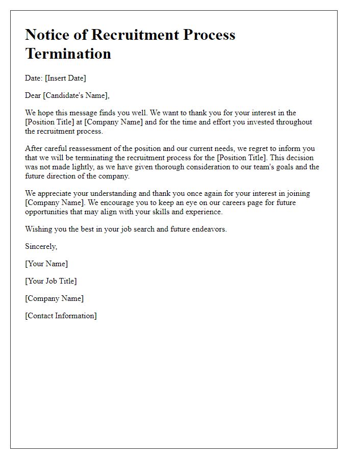 Letter template of recruitment process termination after position reassessment