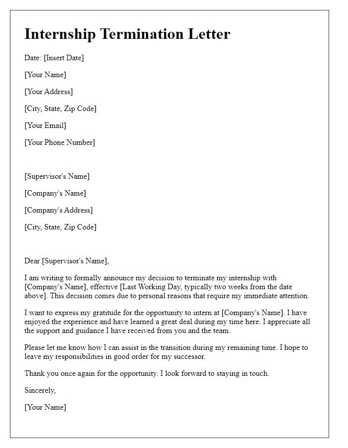 Letter template of internship termination due to personal reasons.