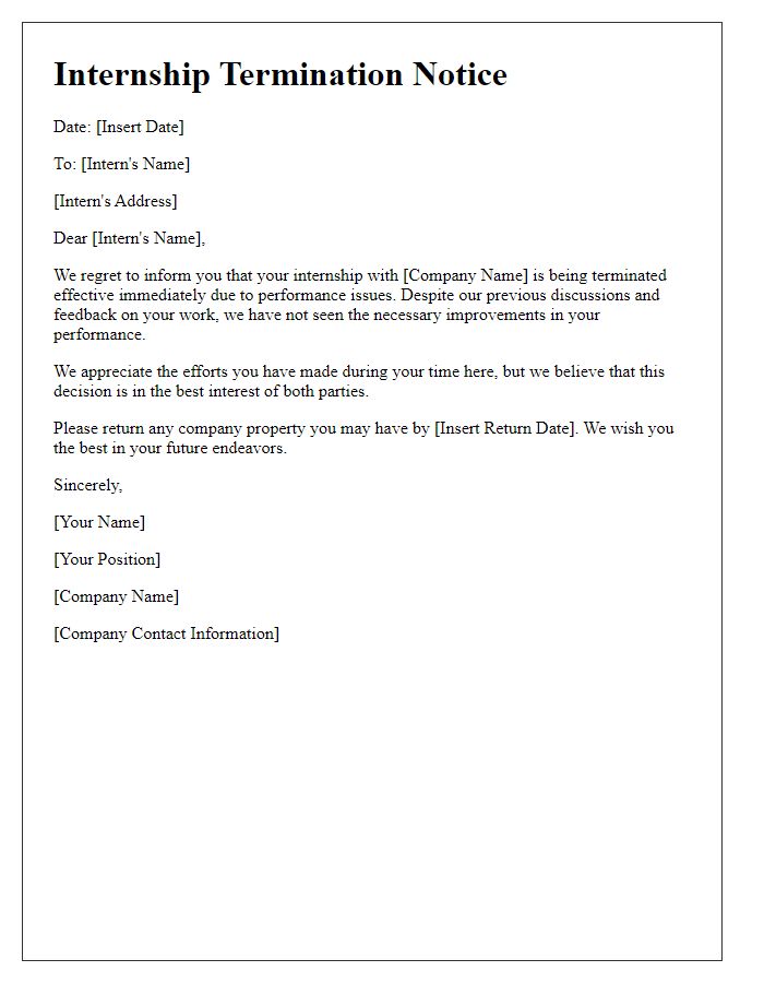 Letter template of internship termination notice for poor performance.