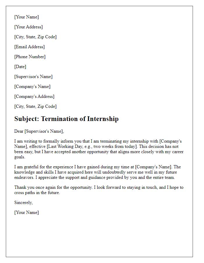 Letter template of internship termination for pursuing another opportunity.