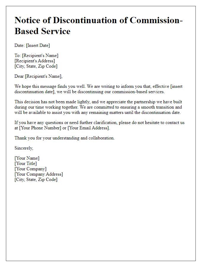 Letter template of discontinuation of commission-based service