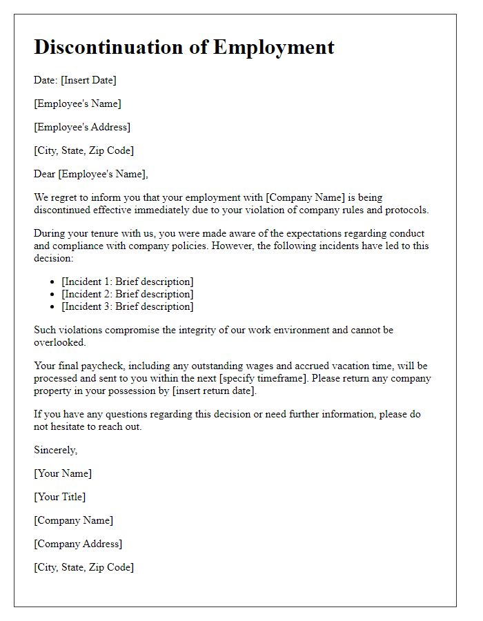 Letter template of discontinuation of employment for violating rules and protocols.