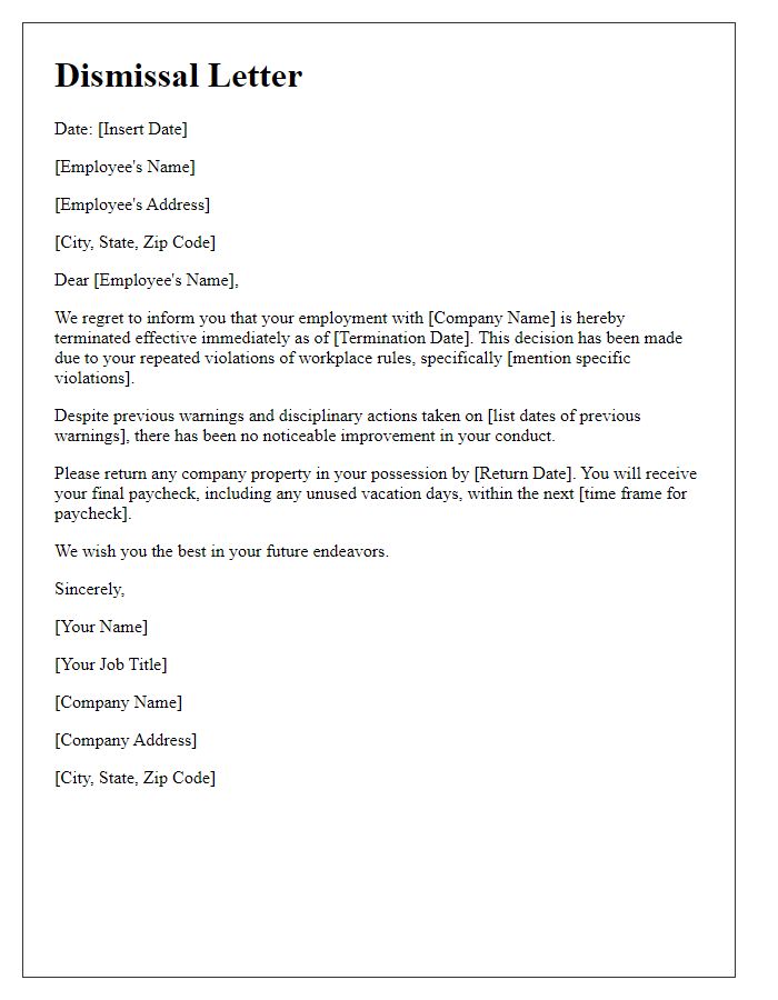 Letter template of dismissal due to violation of workplace rules.