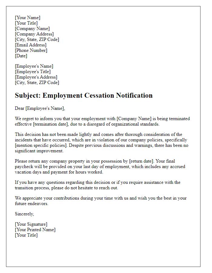 Letter template of employment cessation for disregard of organizational standards.