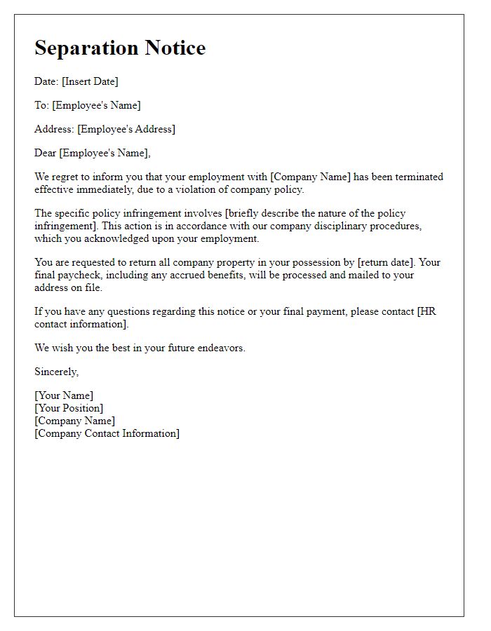 Letter template of separation notice for policy infringement.