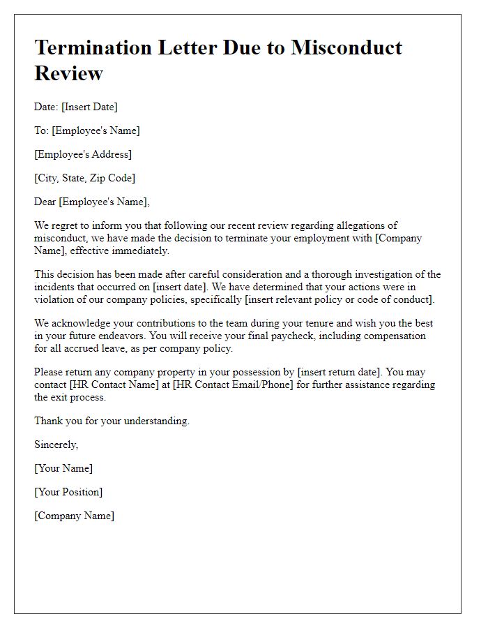 Letter template of termination due to misconduct review.