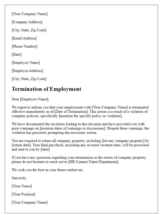 Letter template of termination due to policy violation.