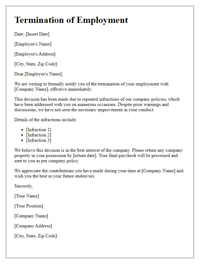 Letter template of termination linked to repeated infractions.