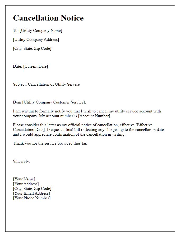 Letter template of cancellation notice for utility service.