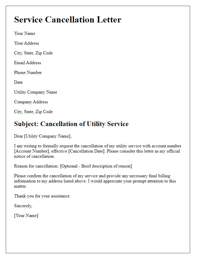 Letter template of service cancellation for utilities.