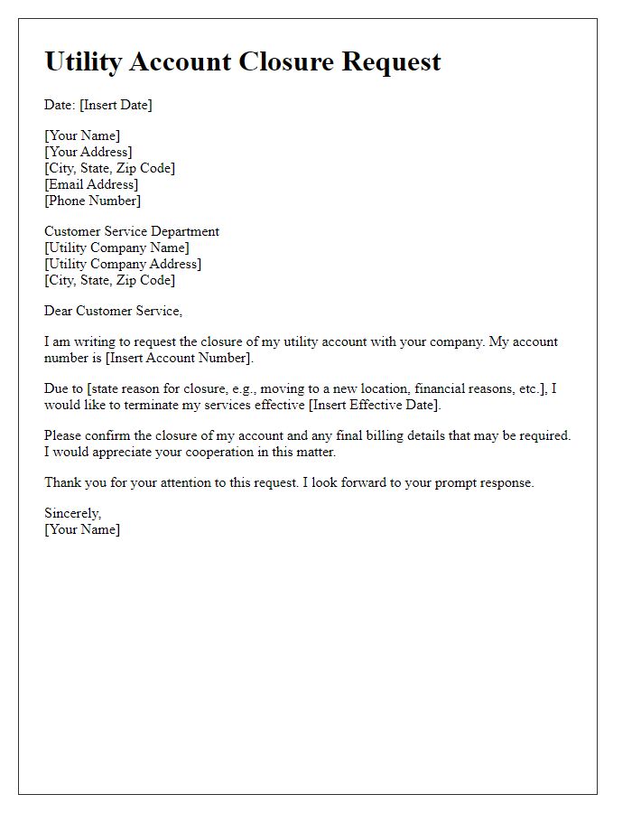 Letter template of utility account closure request.