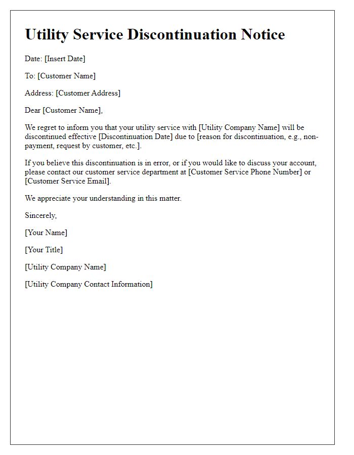 Letter template of utility service discontinuation letter.