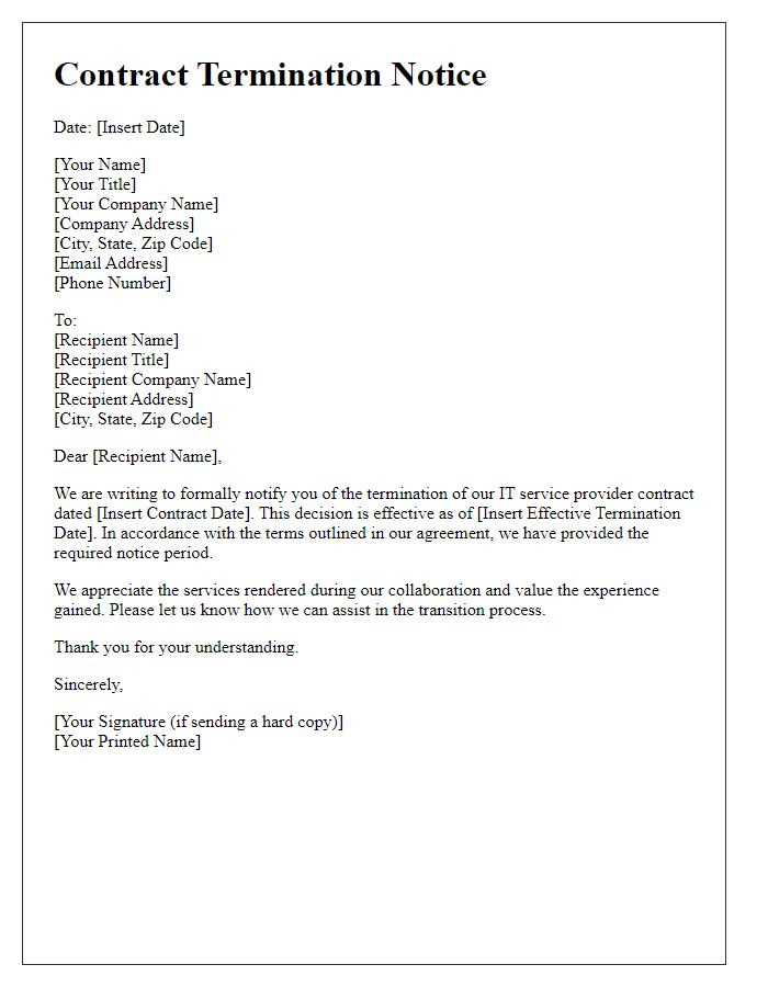 Letter template of IT service provider contract termination