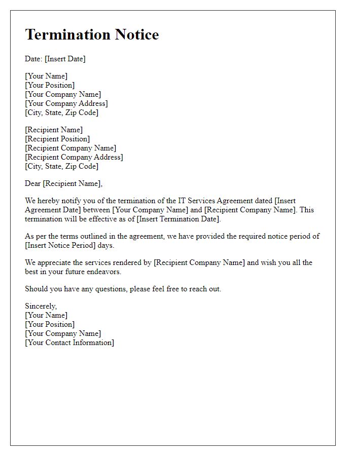 Letter template of IT services agreement termination notice