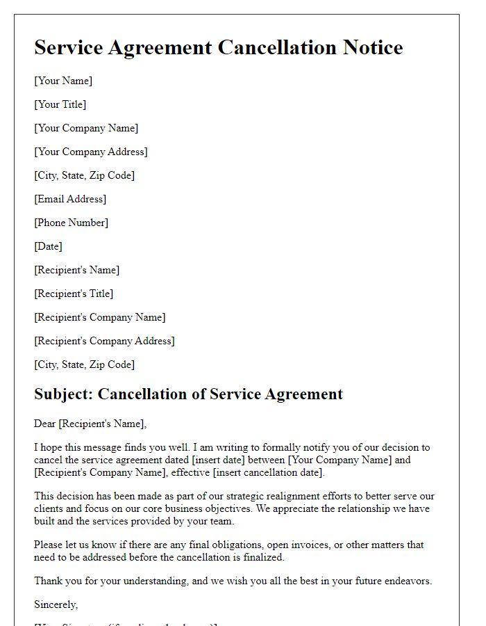 Letter template of service agreement cancellation for strategic realignment.