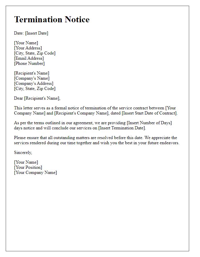 Letter template of termination notice for service contract.