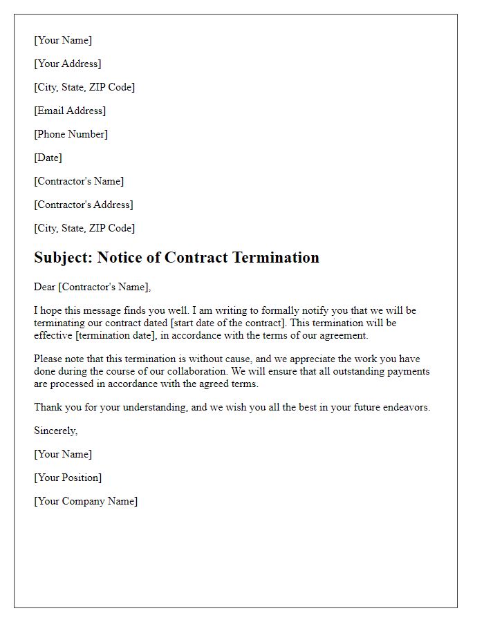 Letter template of contract termination without cause for contractors.