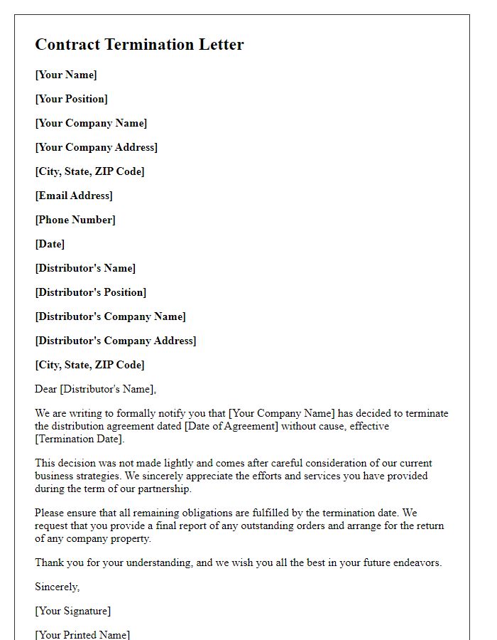 Letter template of contract termination without cause for distributors.