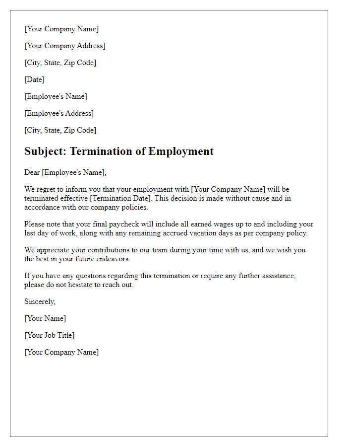 Letter template of contract termination without cause for employees.