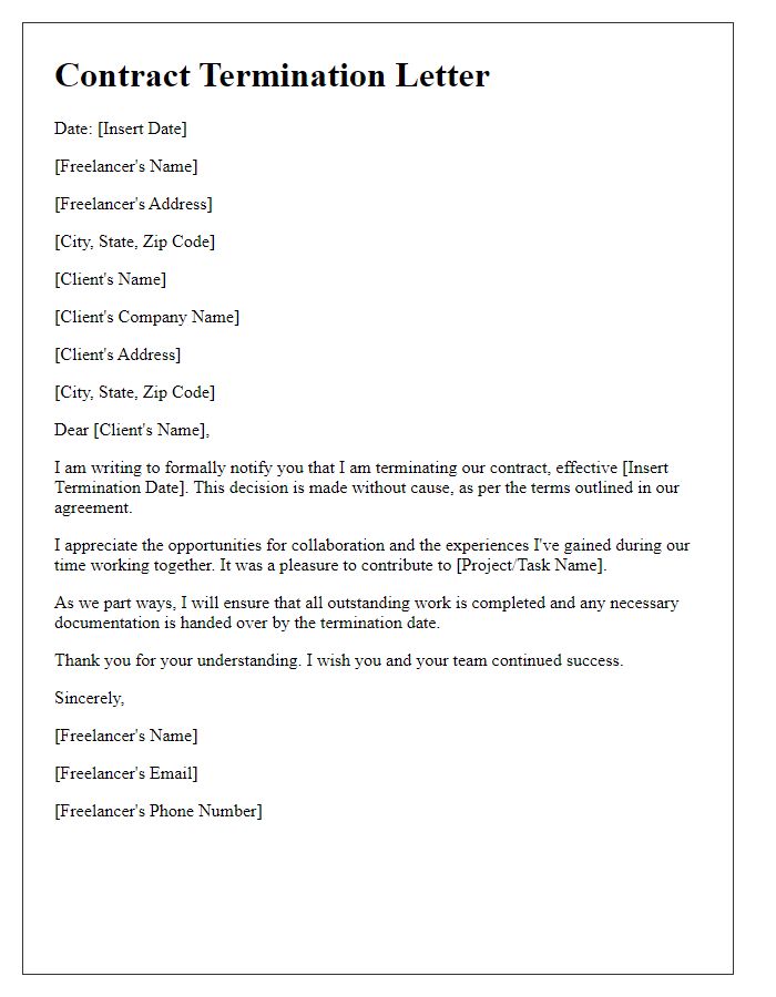 Letter template of contract termination without cause for freelancers.