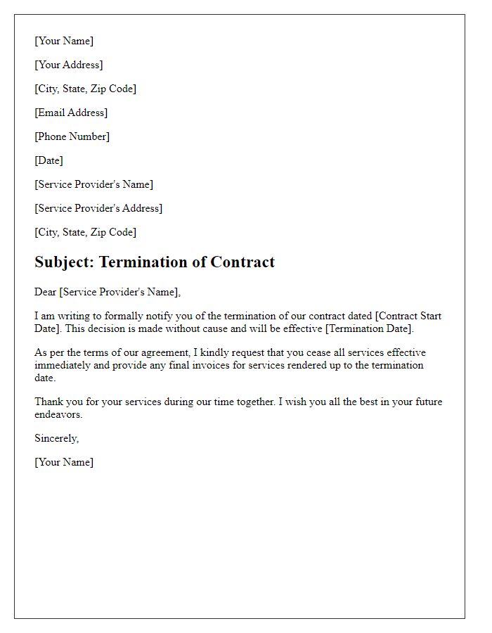 Letter template of contract termination without cause for service providers.