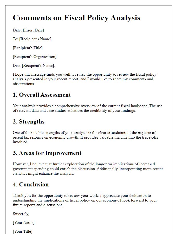 Letter template of comments regarding fiscal policy analysis.