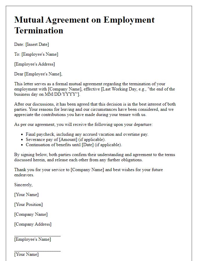 Letter template of mutual agreement on employment termination