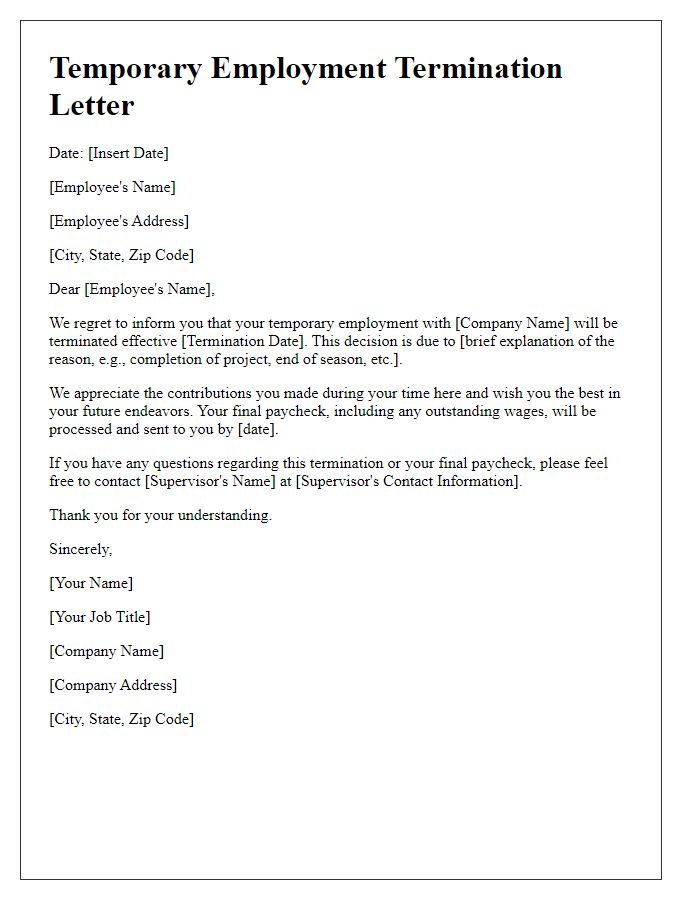 Letter template of temporary employment termination